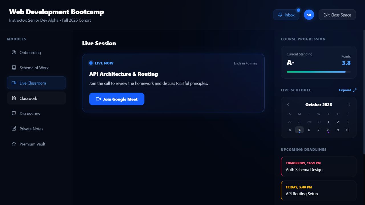 Arcona classroom with modules, schedule, progress and live sessions